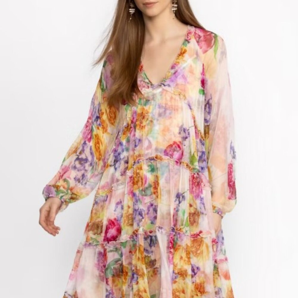 Johnny Was Spring Watercolor FIONNA SILK MINI DRESS size XS Retail $445